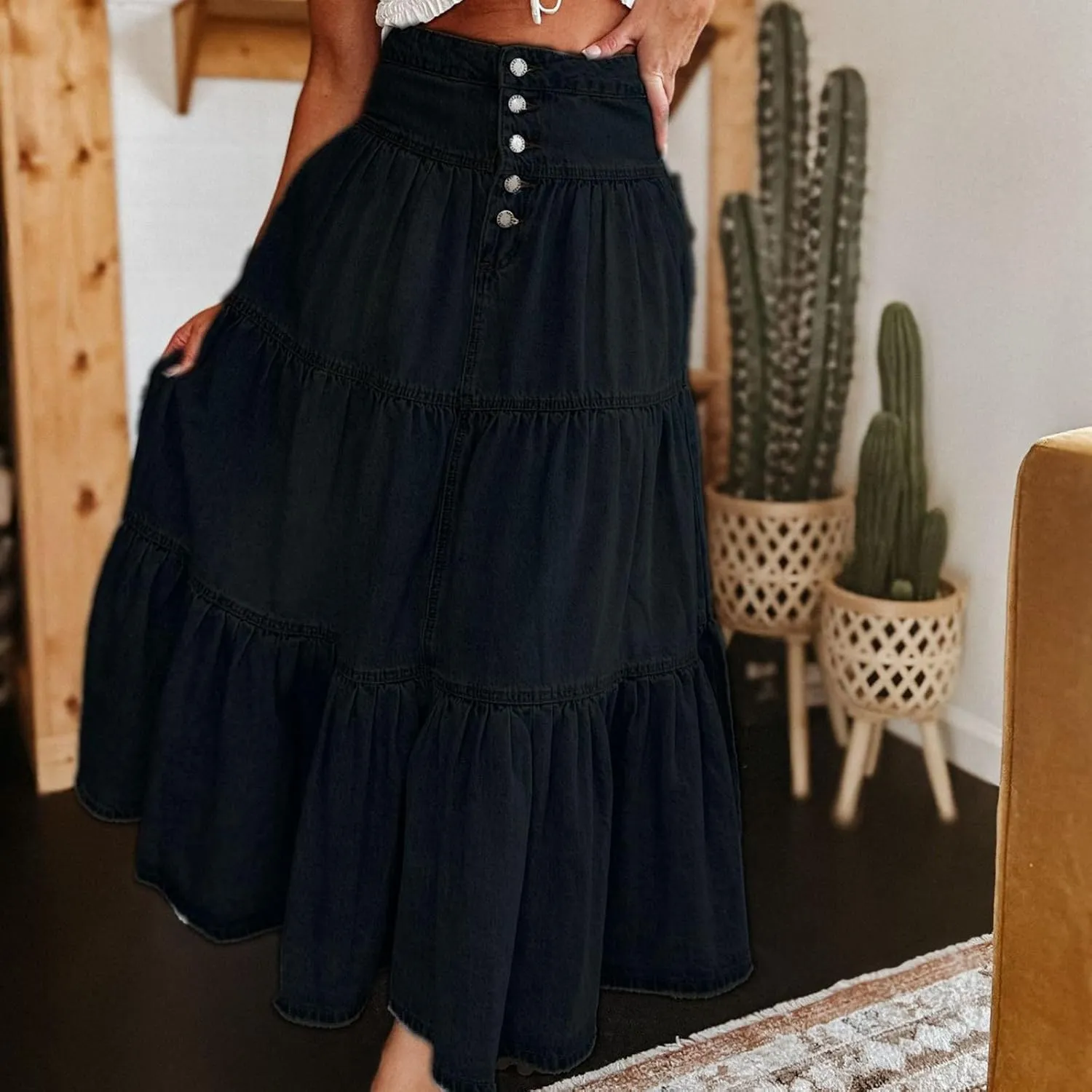 Skirts for Women,Long Denim Button Down High Waist Tiered Ruffle Swing A-Line Jean Maxi Skirt