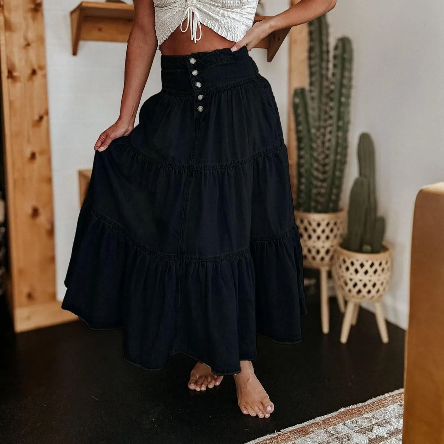 Skirts for Women,Long Denim Button Down High Waist Tiered Ruffle Swing A-Line Jean Maxi Skirt