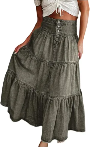 Skirts for Women,Long Denim Button Down High Waist Tiered Ruffle Swing A-Line Jean Maxi Skirt