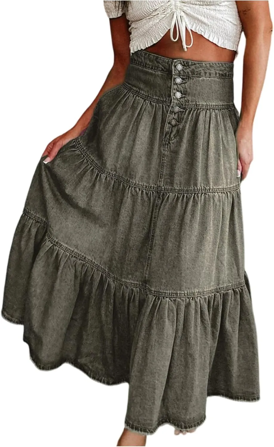 Skirts for Women,Long Denim Button Down High Waist Tiered Ruffle Swing A-Line Jean Maxi Skirt