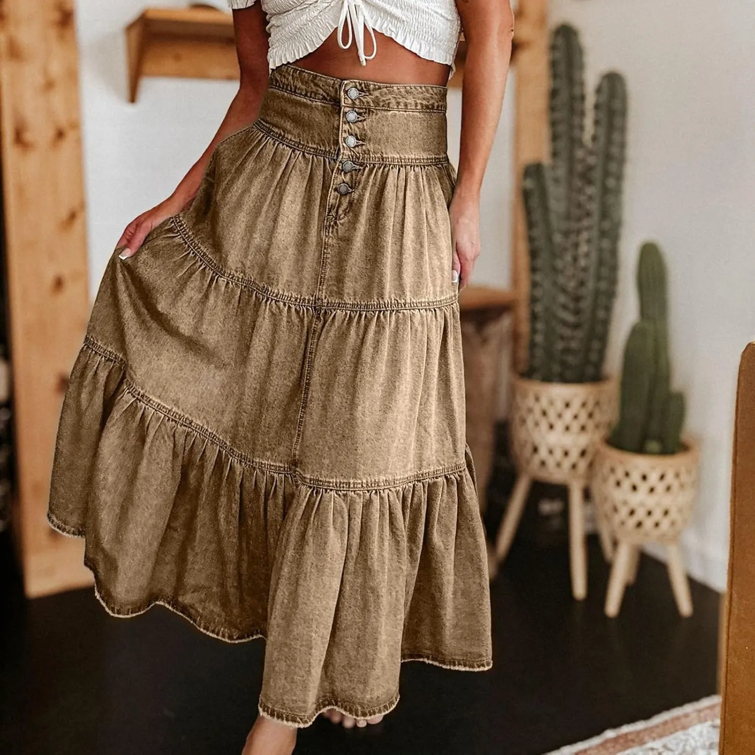 Skirts for Women,Long Denim Button Down High Waist Tiered Ruffle Swing A-Line Jean Maxi Skirt