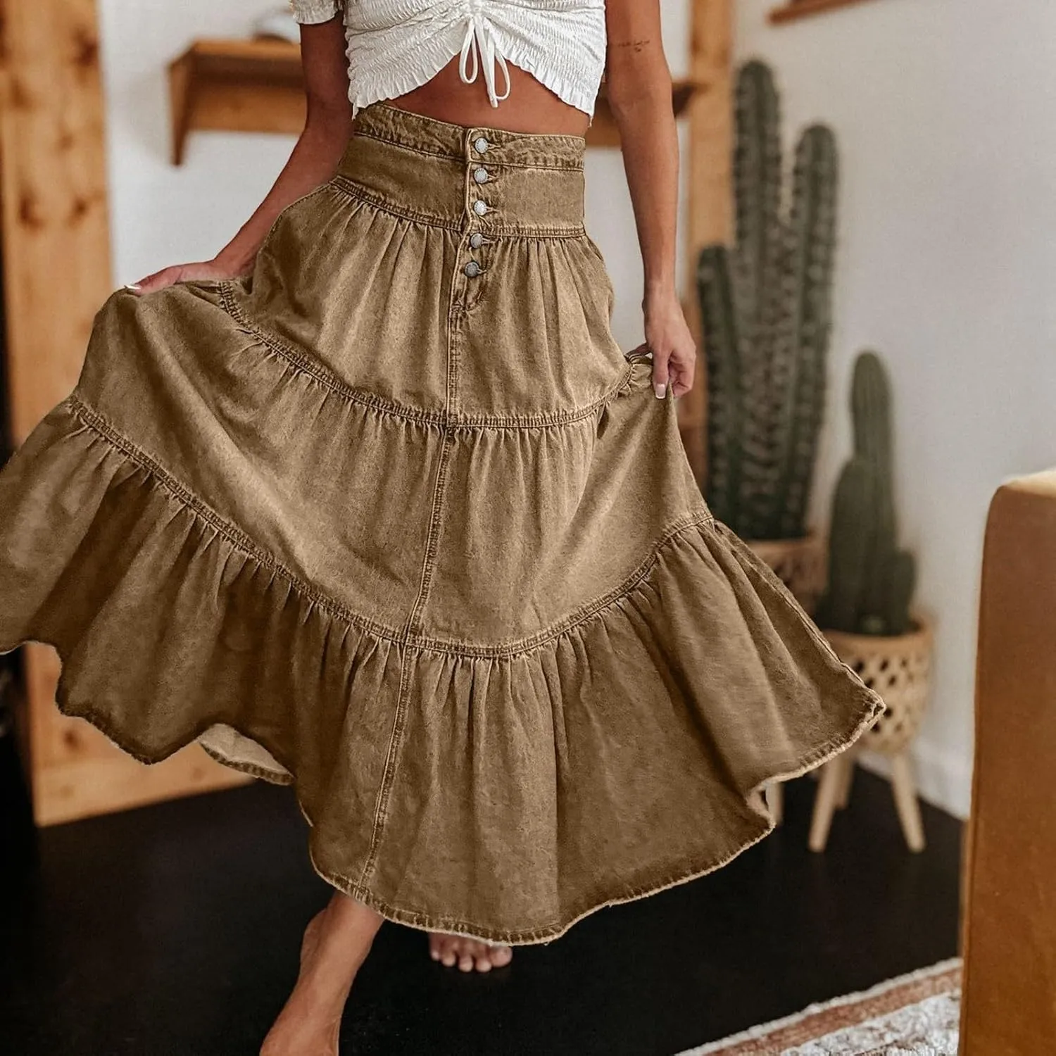 Skirts for Women,Long Denim Button Down High Waist Tiered Ruffle Swing A-Line Jean Maxi Skirt