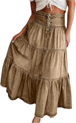 Skirts for Women,Long Denim Button Down High Waist Tiered Ruffle Swing A-Line Jean Maxi Skirt