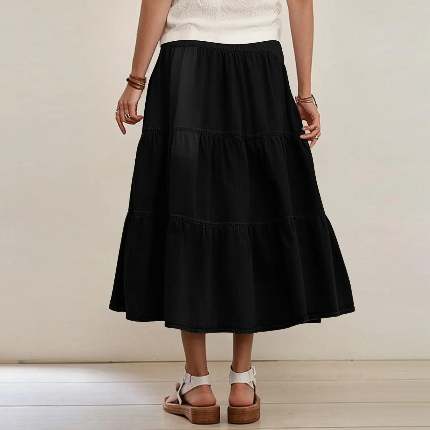 Skirts for Women,Long Denim Button Down High Waist Tiered Ruffle Swing A-Line Jean Maxi Skirt