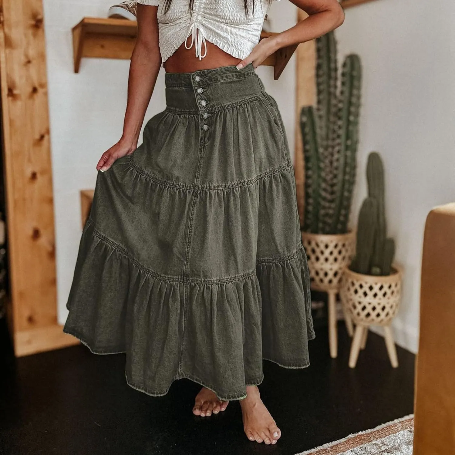 Skirts for Women,Long Denim Button Down High Waist Tiered Ruffle Swing A-Line Jean Maxi Skirt