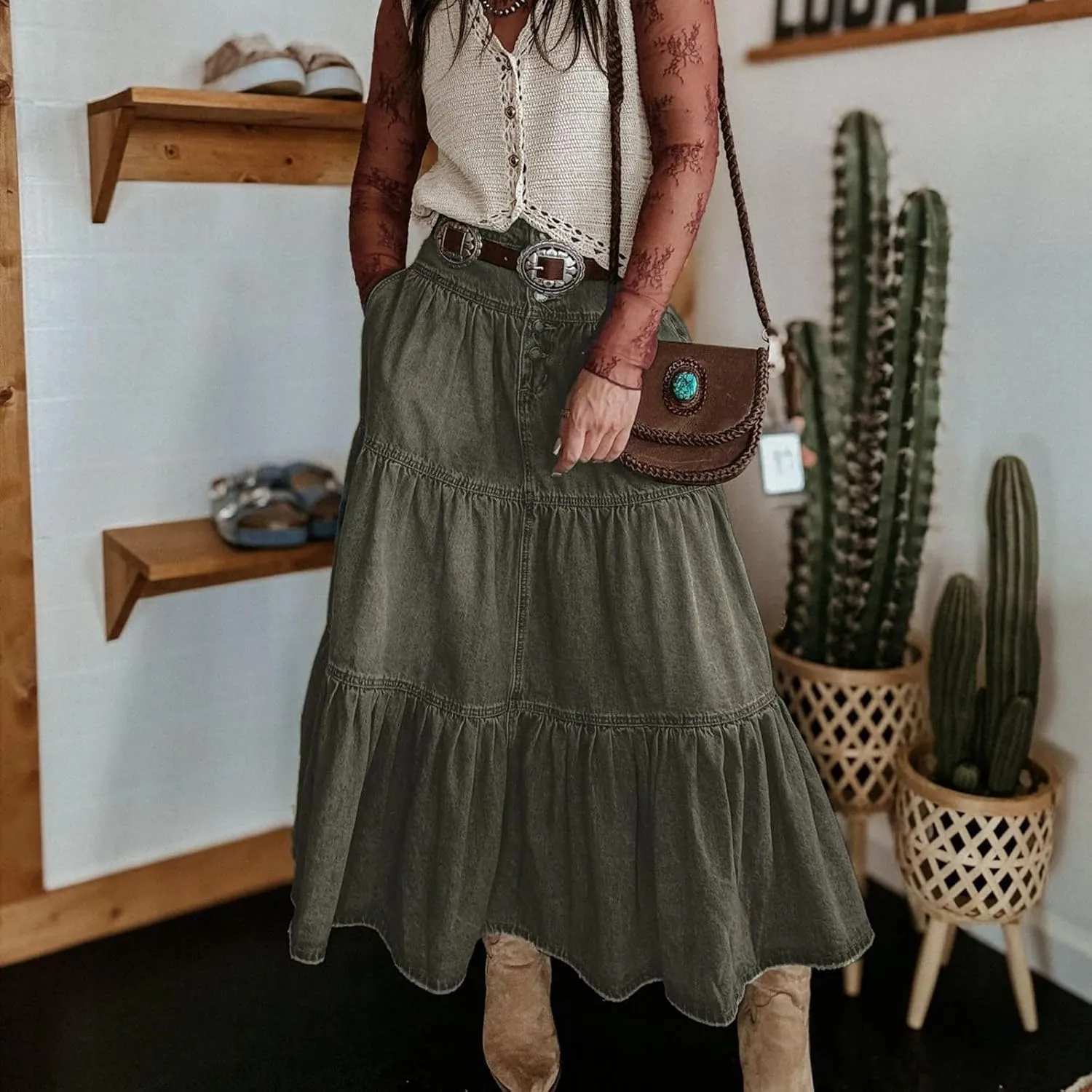 Skirts for Women,Long Denim Button Down High Waist Tiered Ruffle Swing A-Line Jean Maxi Skirt