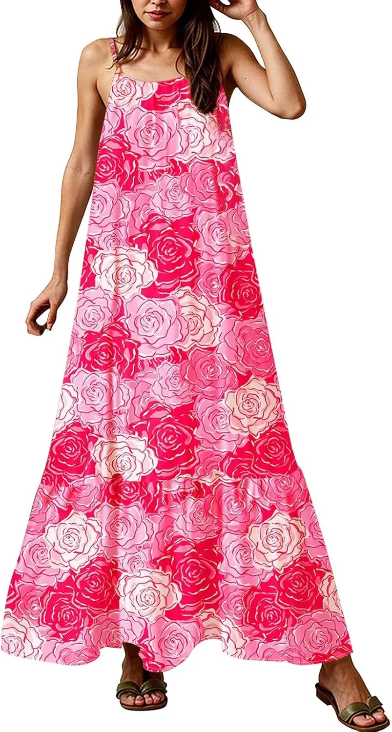 Sleeveless Maxi Dresses for Women 2025 Ruffle Spaghetti Strap Fashion Print Flowy Boho Dress Summer Vacation Dress