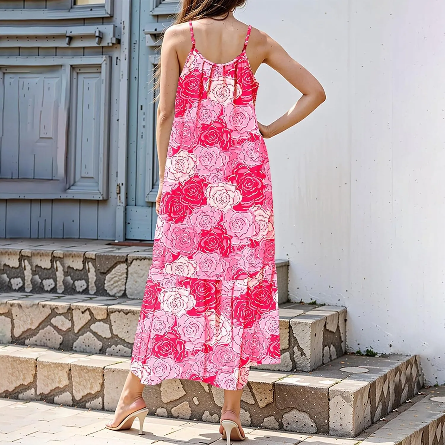 Sleeveless Maxi Dresses for Women 2025 Ruffle Spaghetti Strap Fashion Print Flowy Boho Dress Summer Vacation Dress