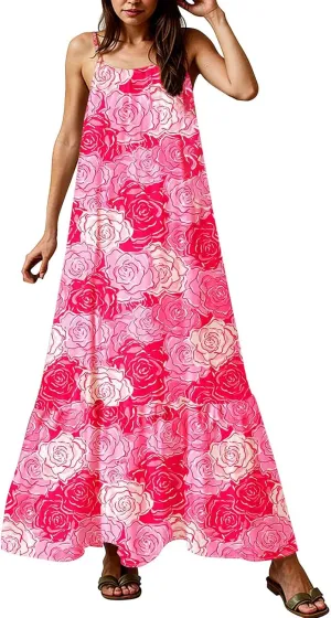 Sleeveless Maxi Dresses for Women 2025 Ruffle Spaghetti Strap Fashion Print Flowy Boho Dress Summer Vacation Dress