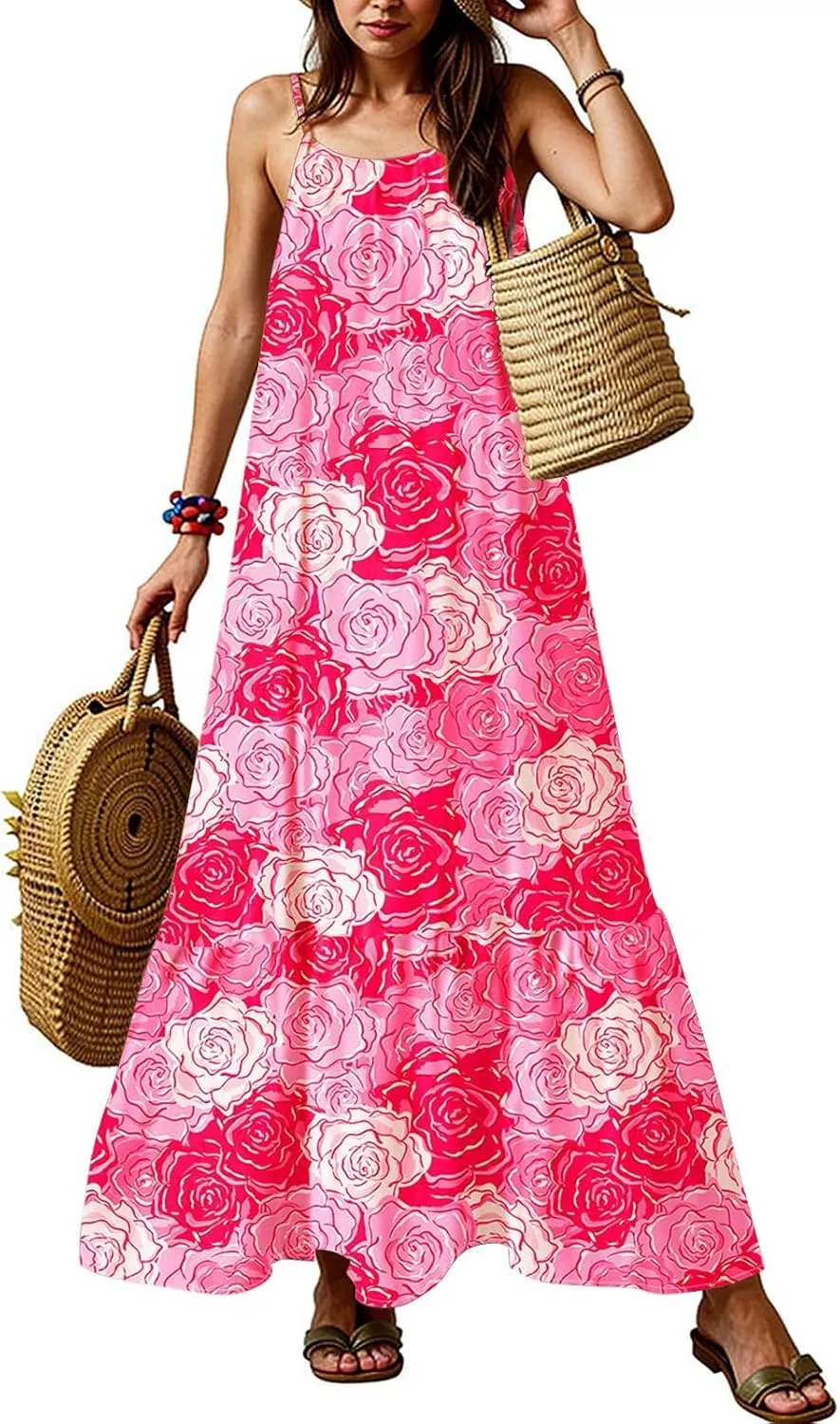 Sleeveless Maxi Dresses for Women 2025 Ruffle Spaghetti Strap Fashion Print Flowy Boho Dress Summer Vacation Dress