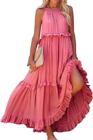 Smocked Halter Maxi Dresses for Women 2024 Summer Tiered Beach Dress Sleeveless Flowy Swing Dresses with Pockets