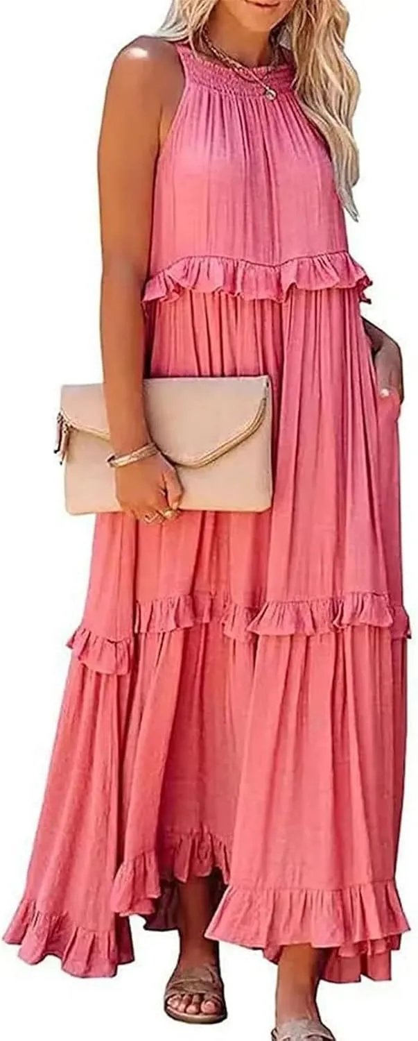 Smocked Halter Maxi Dresses for Women 2024 Summer Tiered Beach Dress Sleeveless Flowy Swing Dresses with Pockets