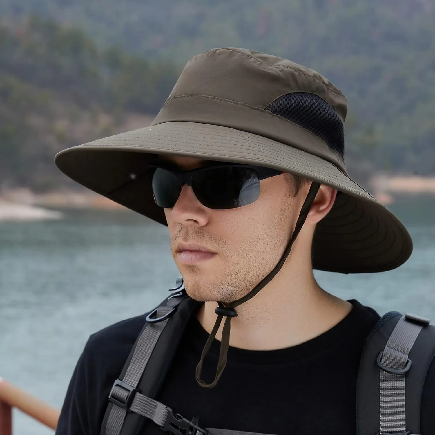 Solid Colors Cotton Bucket Hats with String Mesh Breathable Wide Brim Sun Hats Travel Hiking Fisherman Cap
