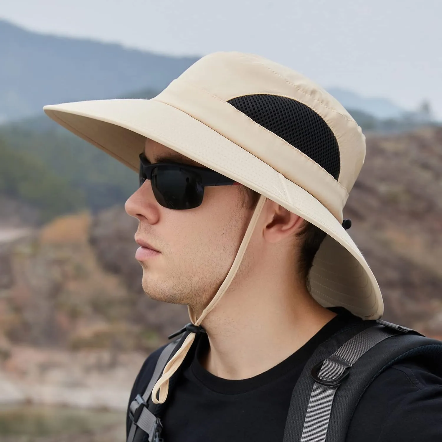 Solid Colors Cotton Bucket Hats with String Mesh Breathable Wide Brim Sun Hats Travel Hiking Fisherman Cap