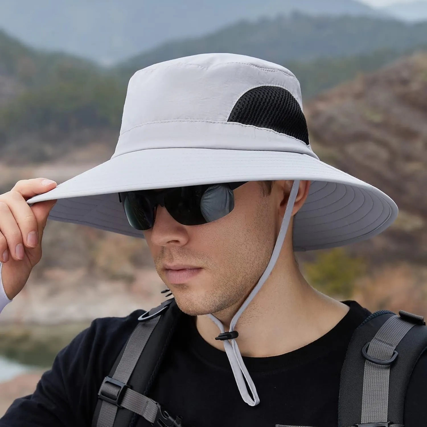 Solid Colors Cotton Bucket Hats with String Mesh Breathable Wide Brim Sun Hats Travel Hiking Fisherman Cap
