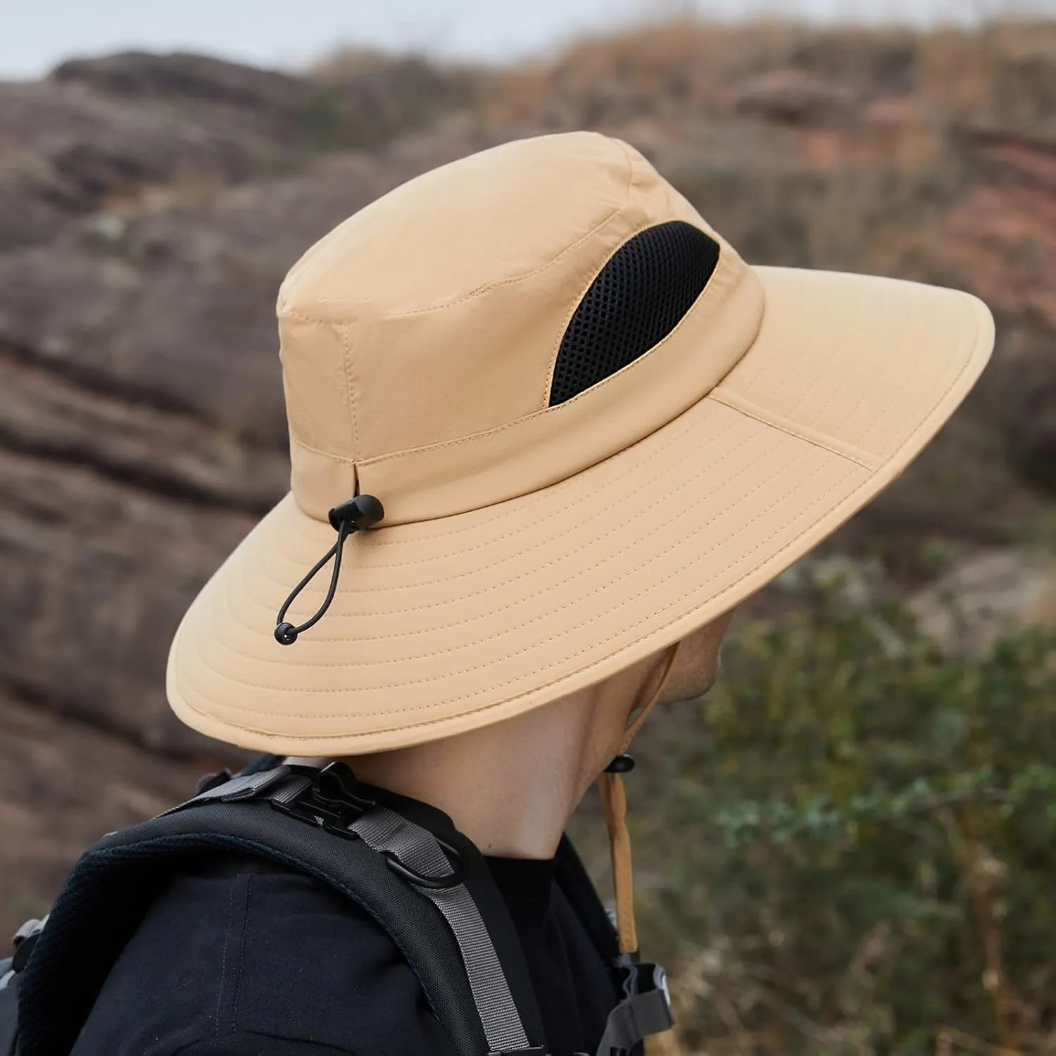 Solid Colors Cotton Bucket Hats with String Mesh Breathable Wide Brim Sun Hats Travel Hiking Fisherman Cap