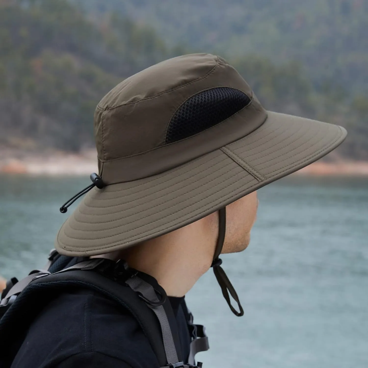 Solid Colors Cotton Bucket Hats with String Mesh Breathable Wide Brim Sun Hats Travel Hiking Fisherman Cap