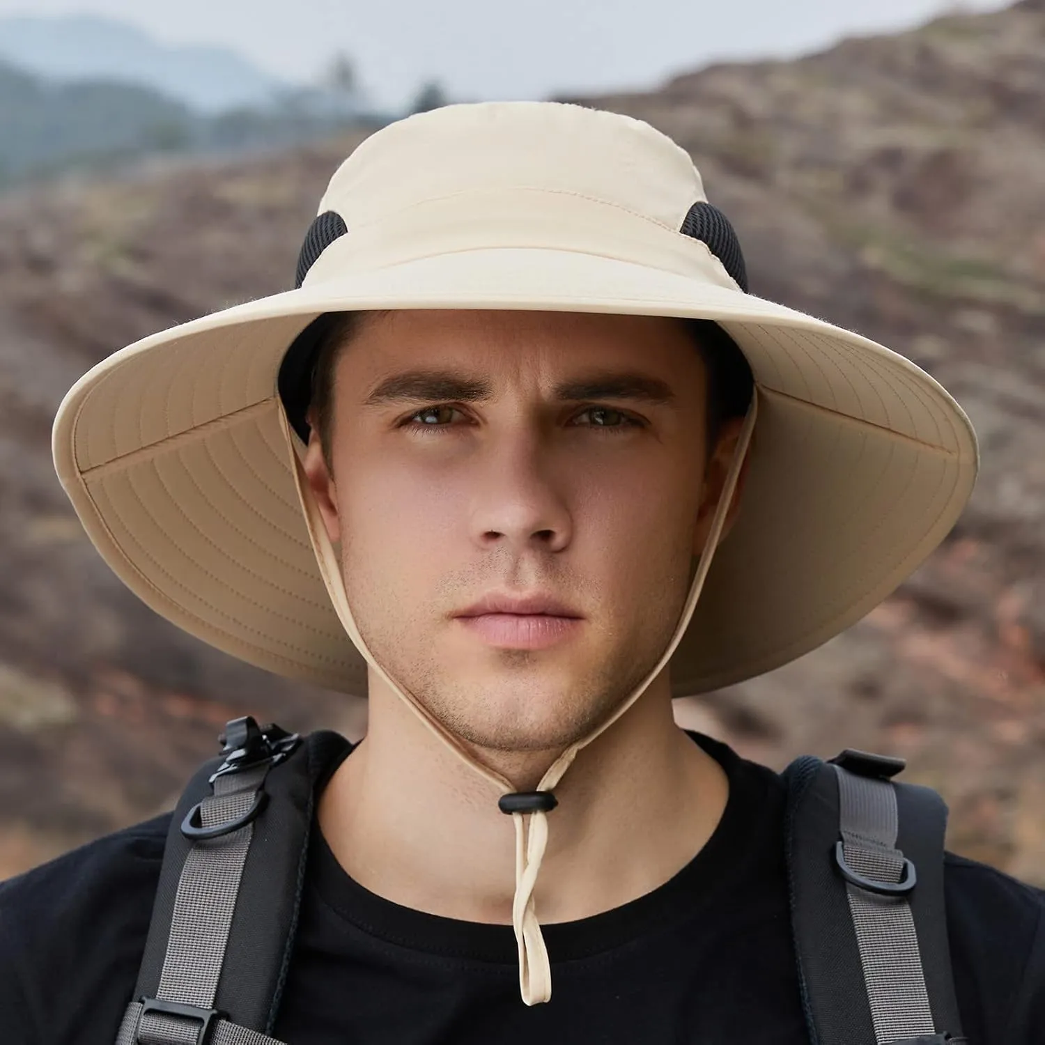 Solid Colors Cotton Bucket Hats with String Mesh Breathable Wide Brim Sun Hats Travel Hiking Fisherman Cap