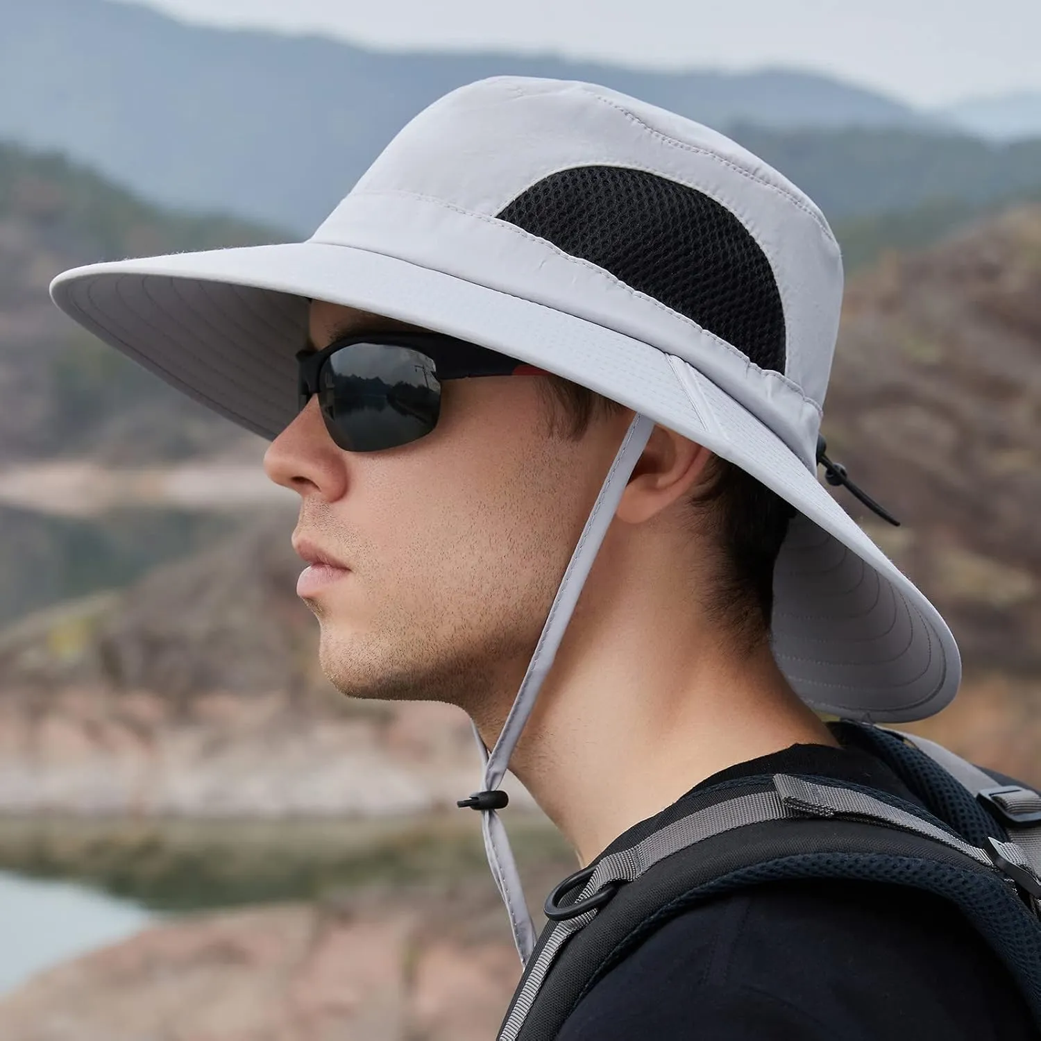 Solid Colors Cotton Bucket Hats with String Mesh Breathable Wide Brim Sun Hats Travel Hiking Fisherman Cap