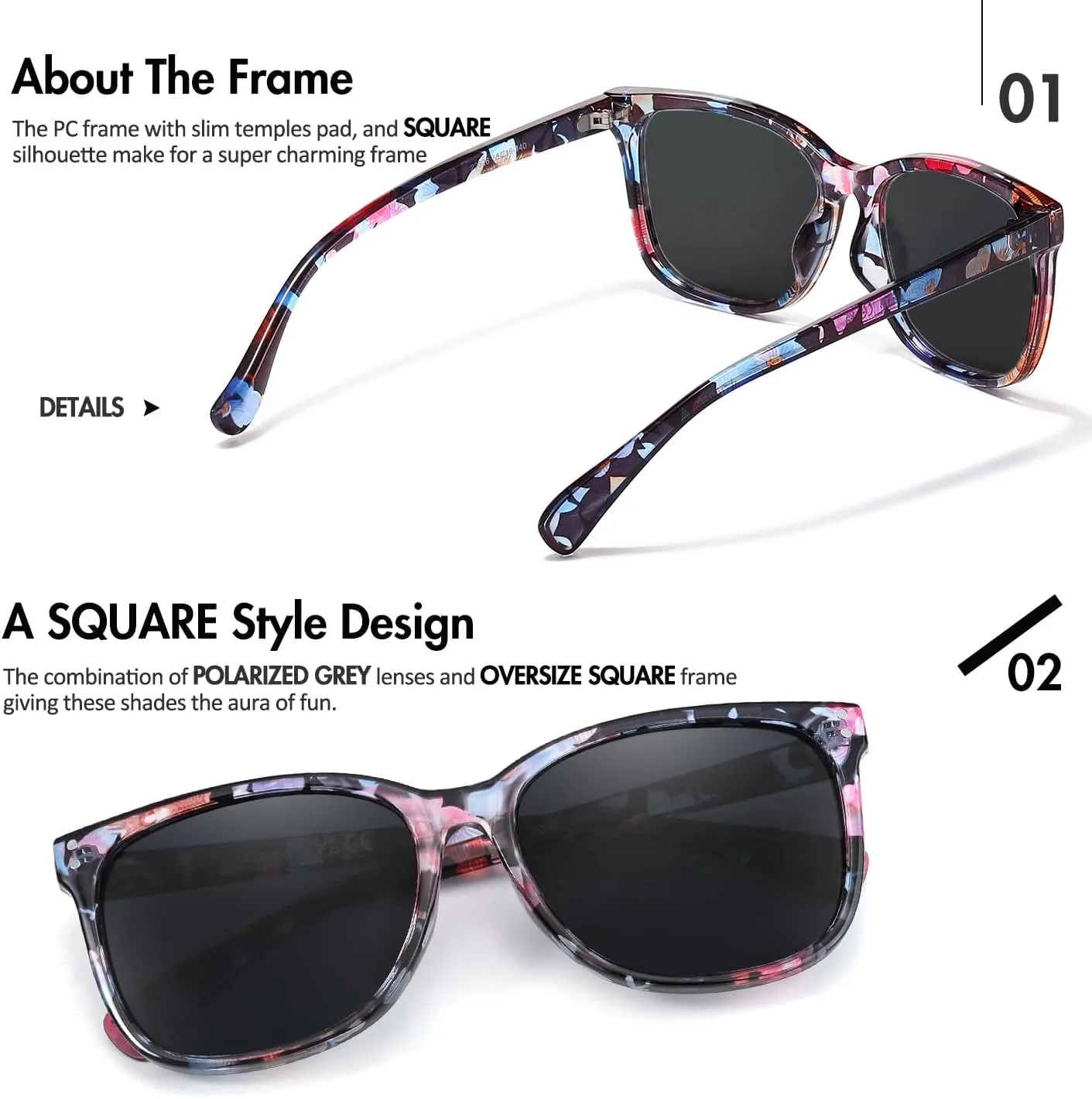 Square Polarized Sunglasses for Women - Womens Classic Style UV400 Protection Lens Sun Glasses