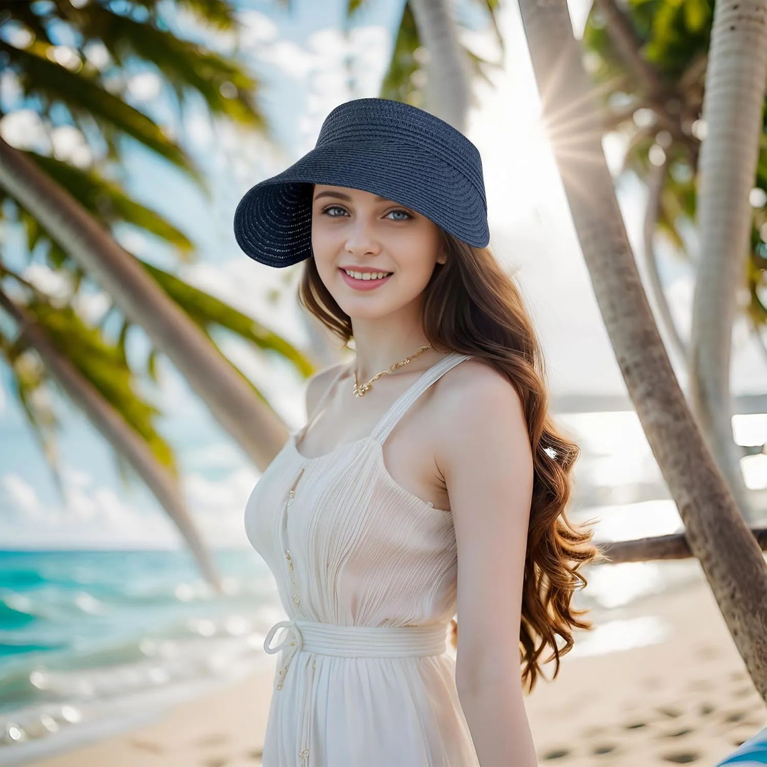 Straw Sun Visors Womens, Ponytail Beach Straw Visor, Packable Summer Sun Hats for Women Travel
