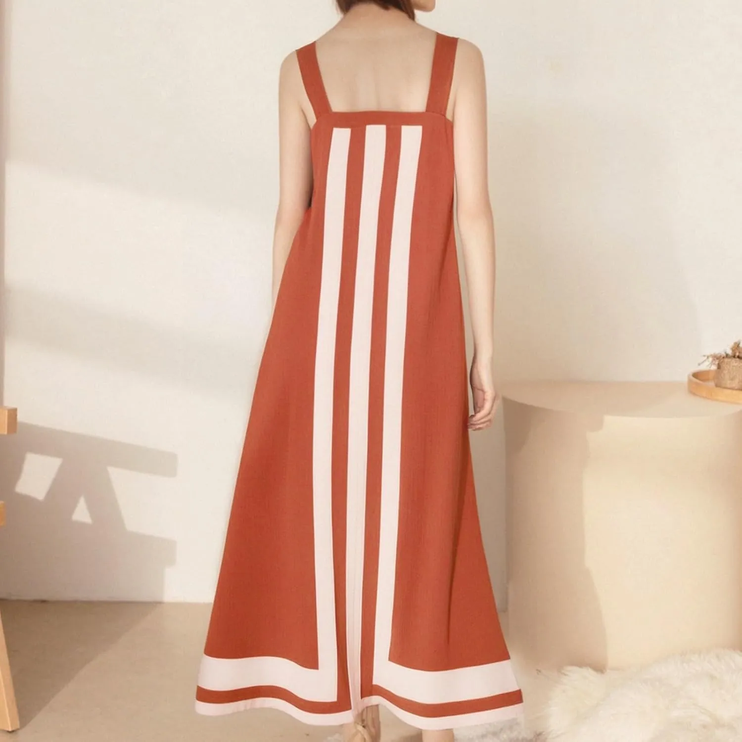 Striped Maxi Dresses for Women 2025 Boho Color Block Shoulder Strap Dress Sleeveless Flare Beach Coverups Overalls Dress
