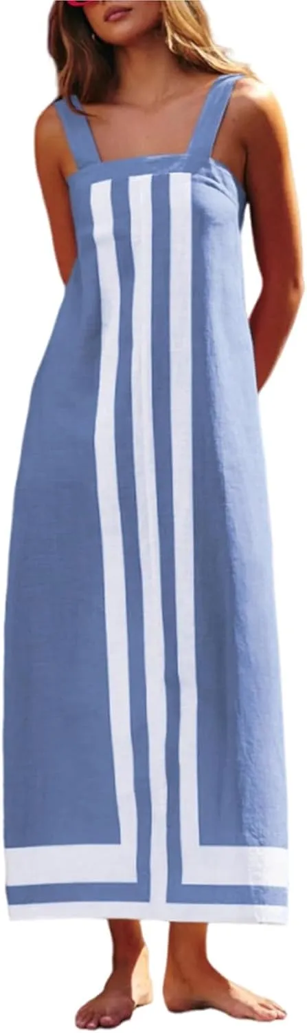 Striped Maxi Dresses for Women 2025 Boho Color Block Shoulder Strap Dress Sleeveless Flare Beach Coverups Overalls Dress