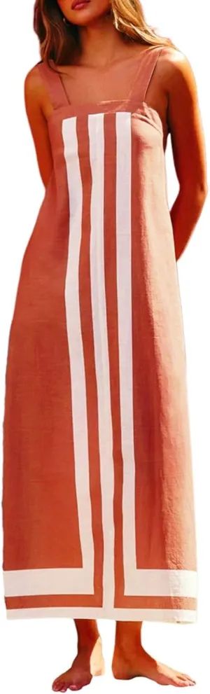 Striped Maxi Dresses for Women 2025 Boho Color Block Shoulder Strap Dress Sleeveless Flare Beach Coverups Overalls Dress