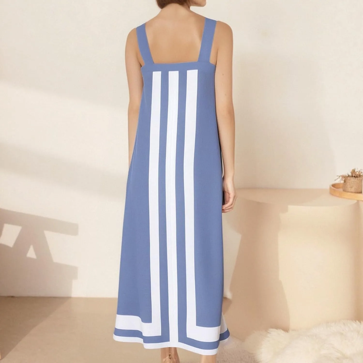 Striped Maxi Dresses for Women 2025 Boho Color Block Shoulder Strap Dress Sleeveless Flare Beach Coverups Overalls Dress