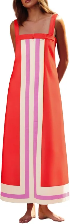 Striped Maxi Dresses for Women 2025 Boho Color Block Shoulder Strap Dress Sleeveless Flare Beach Coverups Overalls Dress