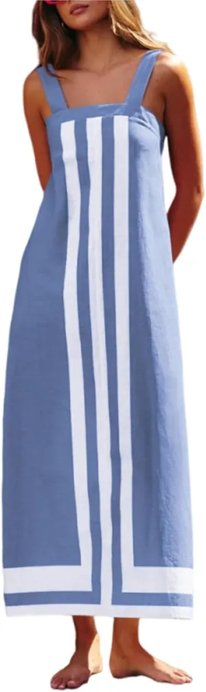 Striped Maxi Dresses for Women 2025 Boho Color Block Shoulder Strap Dress Sleeveless Flare Beach Coverups Overalls Dress