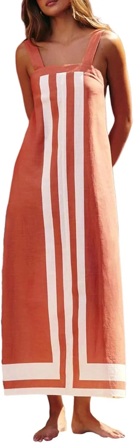 Striped Maxi Dresses for Women 2025 Boho Color Block Shoulder Strap Dress Sleeveless Flare Beach Coverups Overalls Dress