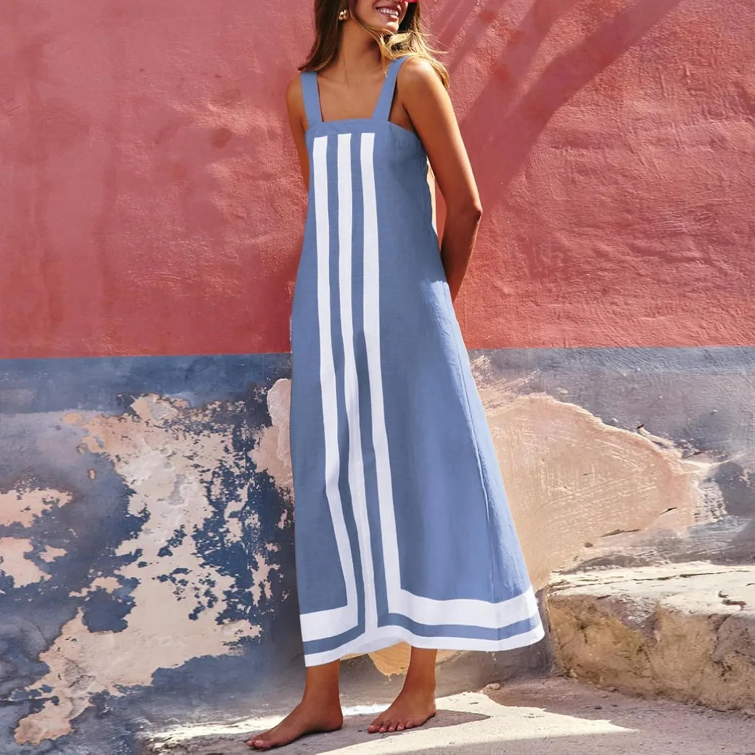 Striped Maxi Dresses for Women 2025 Boho Color Block Shoulder Strap Dress Sleeveless Flare Beach Coverups Overalls Dress