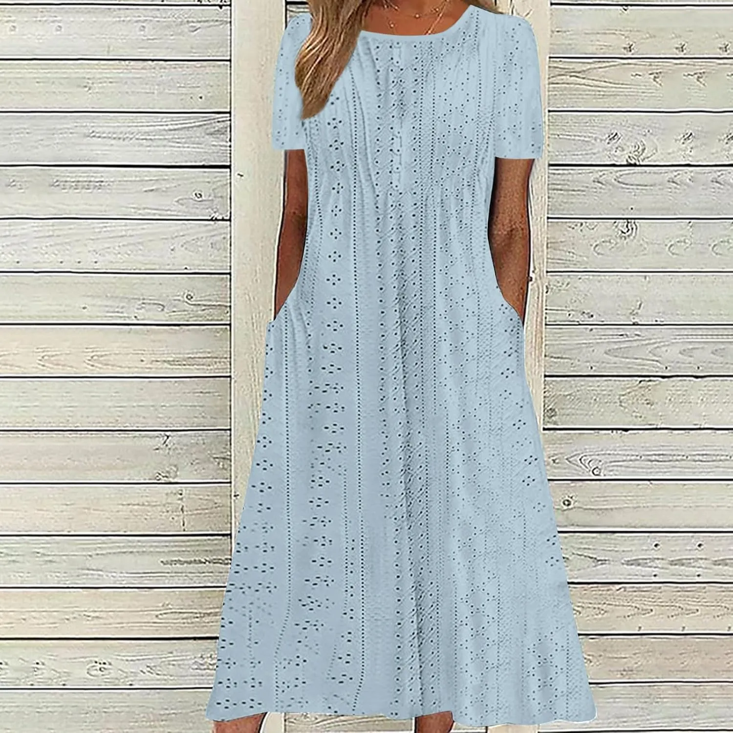 Summer Dress for Women Crochet Eyelets Pleated Beach Dresses Loose Short Sleeve Casual Tiered Midi Pocket Dress