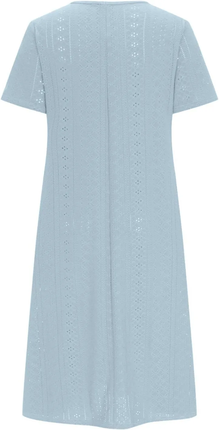 Summer Dress for Women Crochet Eyelets Pleated Beach Dresses Loose Short Sleeve Casual Tiered Midi Pocket Dress
