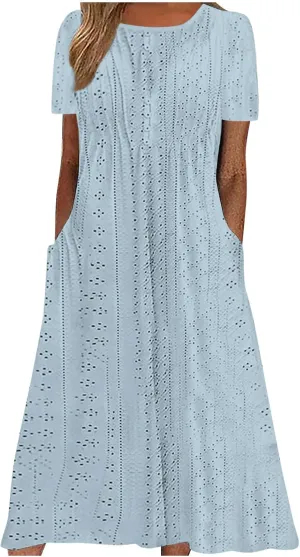 Summer Dress for Women Crochet Eyelets Pleated Beach Dresses Loose Short Sleeve Casual Tiered Midi Pocket Dress