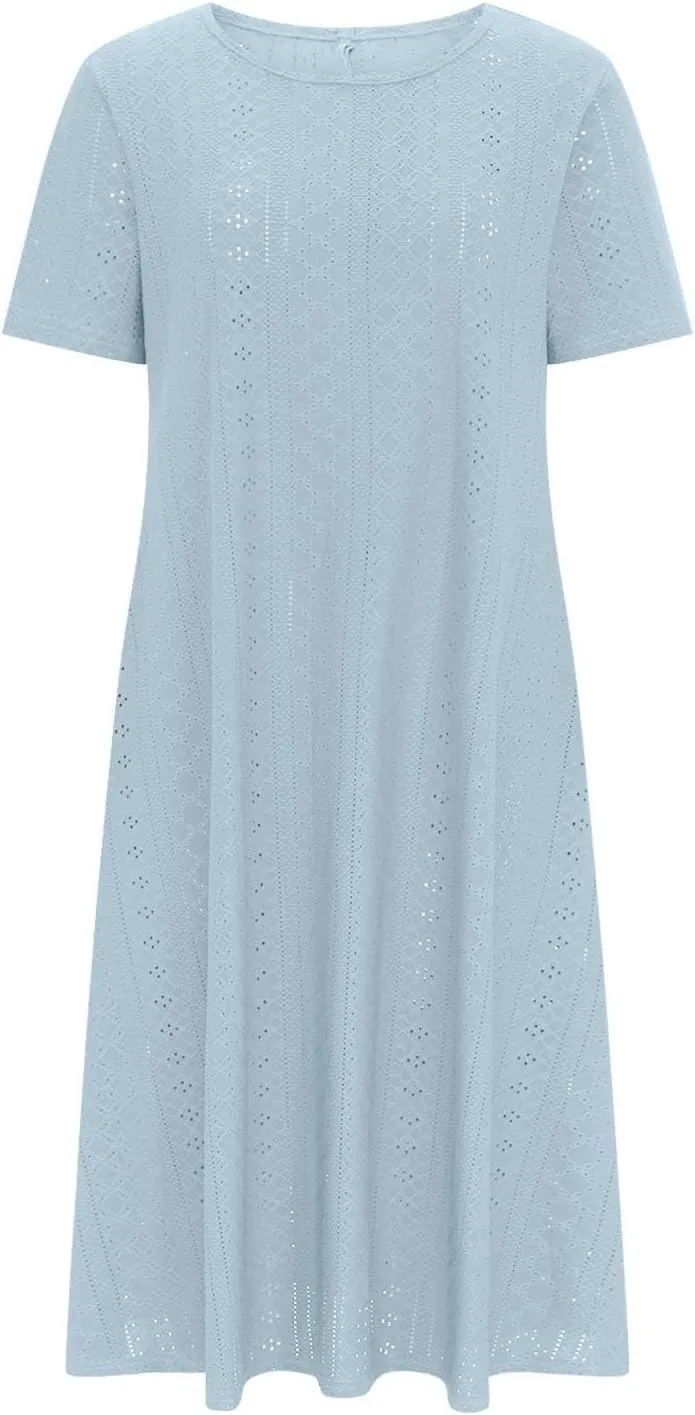 Summer Dress for Women Crochet Eyelets Pleated Beach Dresses Loose Short Sleeve Casual Tiered Midi Pocket Dress