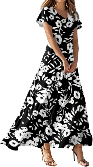 Summer Dress for Women Short Sleeve V-Neck Boho Floral Printed Flowy Swing Sundress Wedding Guest Dresses Long Dress