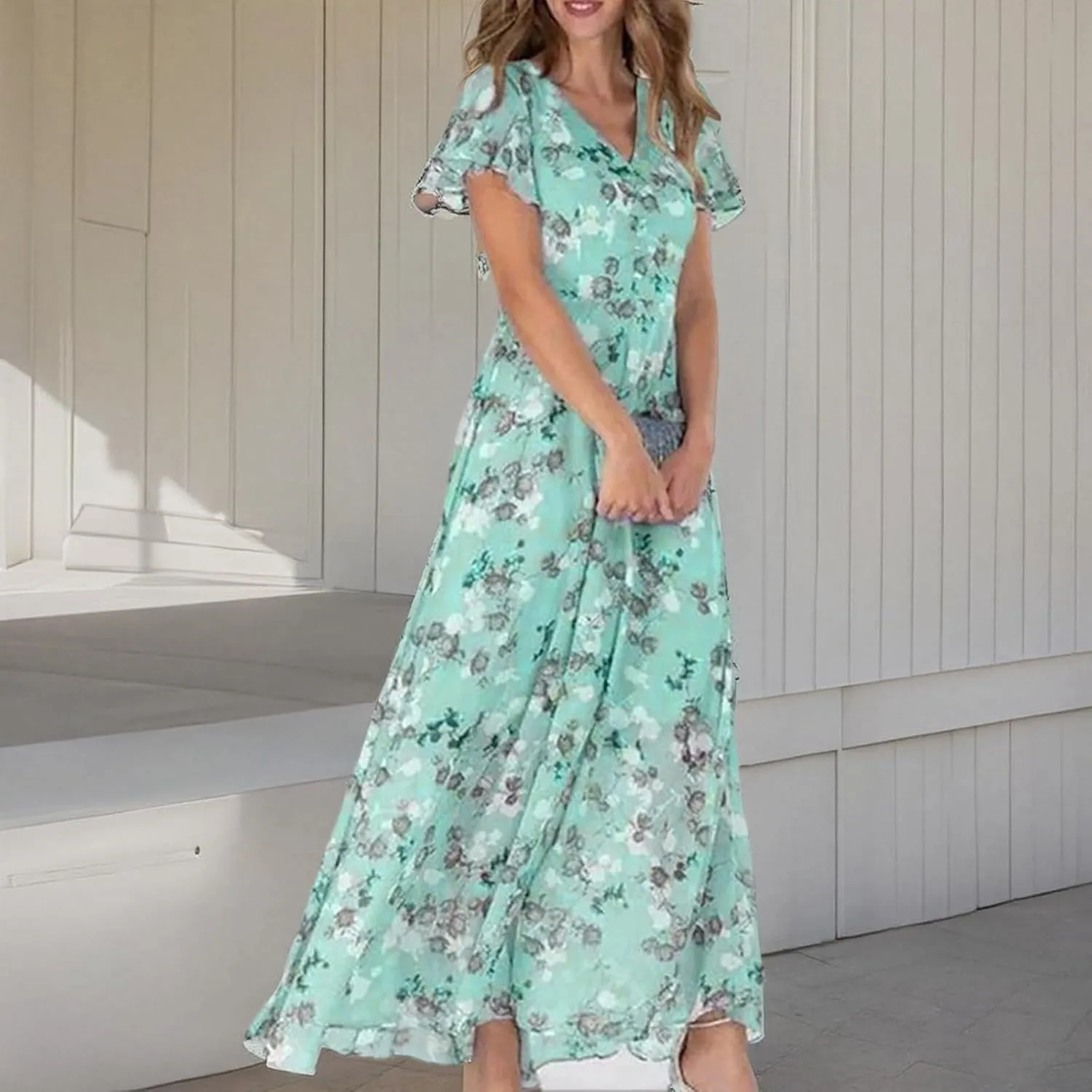 Summer Dresses for Women 2024 Spring Trendy Elegant Wrap V Neck Floral Boho Dress Flowy Ruched Hawaiian Beach Maxi