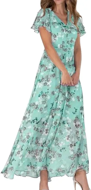 Summer Dresses for Women 2024 Spring Trendy Elegant Wrap V Neck Floral Boho Dress Flowy Ruched Hawaiian Beach Maxi