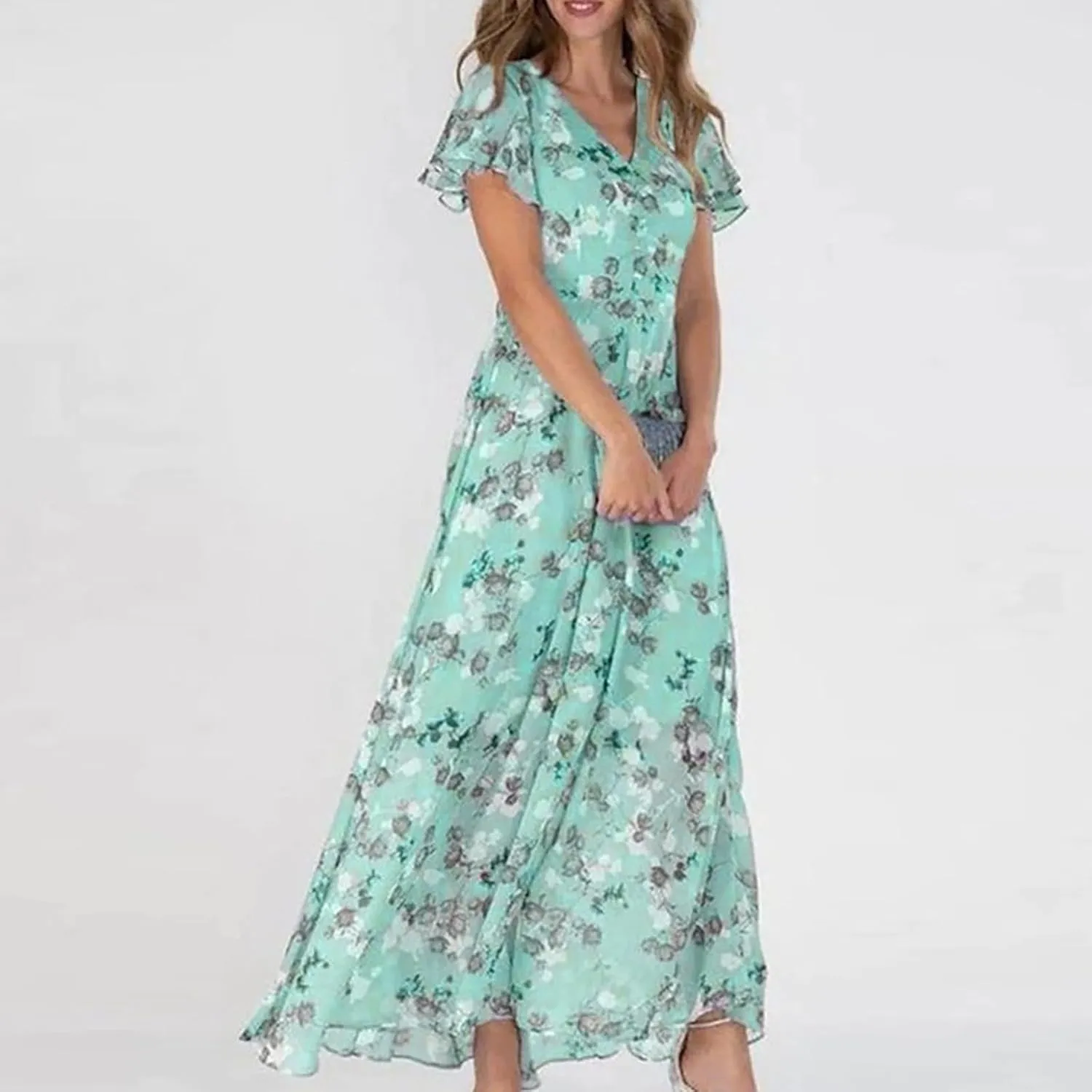 Summer Dresses for Women 2024 Spring Trendy Elegant Wrap V Neck Floral Boho Dress Flowy Ruched Hawaiian Beach Maxi