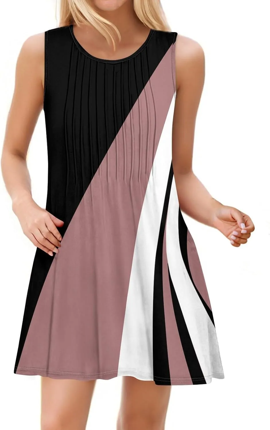 Summer Dresses for Women 2025 Beach Vacation Spring Clothes Sleeveless Crew Neck Folds Wedding Guest Dress