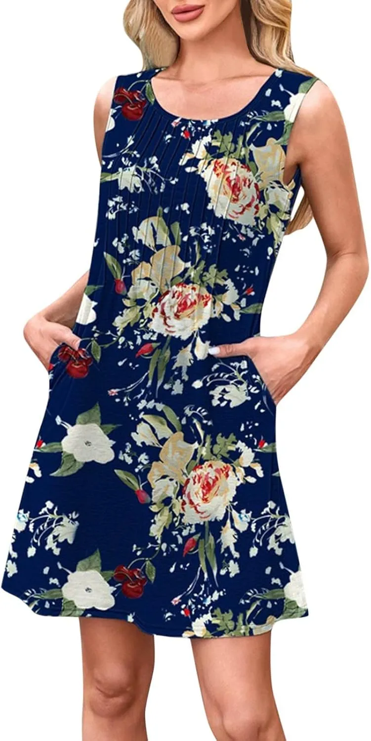 Summer Dresses for Women 2025 Loose Casual Crew Neck Sleeveless Sun Dresses with Pockets Beach Vacation Clothes