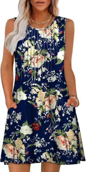 Summer Dresses for Women 2025 Loose Casual Crew Neck Sleeveless Sun Dresses with Pockets Beach Vacation Clothes