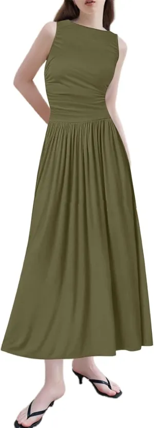 Summer Dresses for Women 2025 Womens Sleeveless Solid Color Casual Dress Trendy Fitted Waist Summer Midi Dress