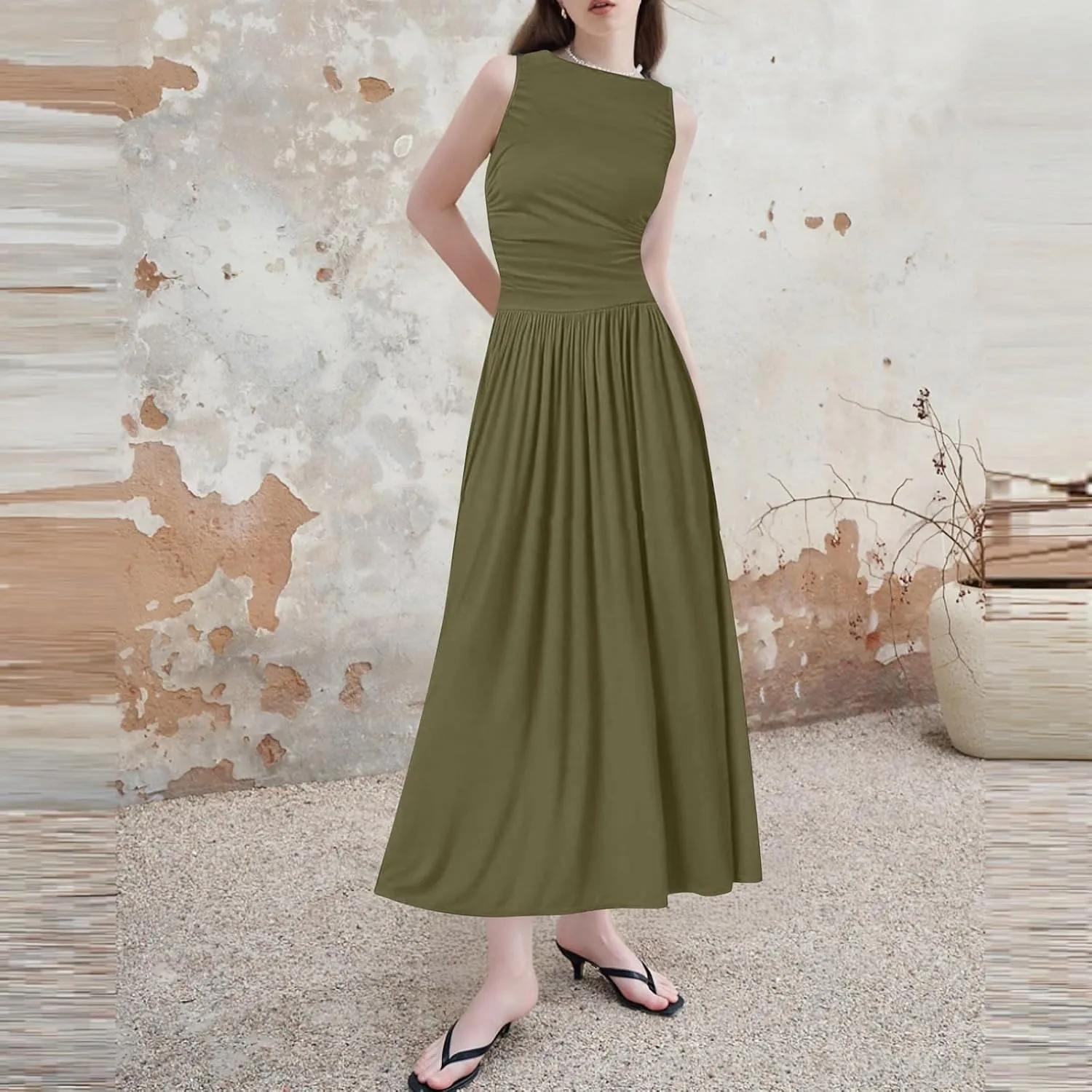 Summer Dresses for Women 2025 Womens Sleeveless Solid Color Casual Dress Trendy Fitted Waist Summer Midi Dress