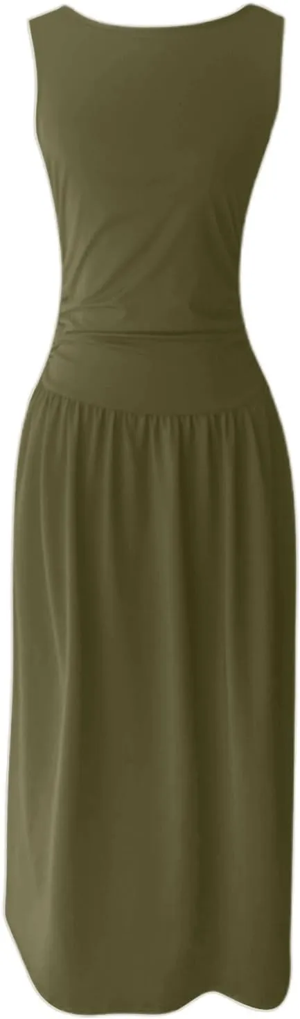 Summer Dresses for Women 2025 Womens Sleeveless Solid Color Casual Dress Trendy Fitted Waist Summer Midi Dress