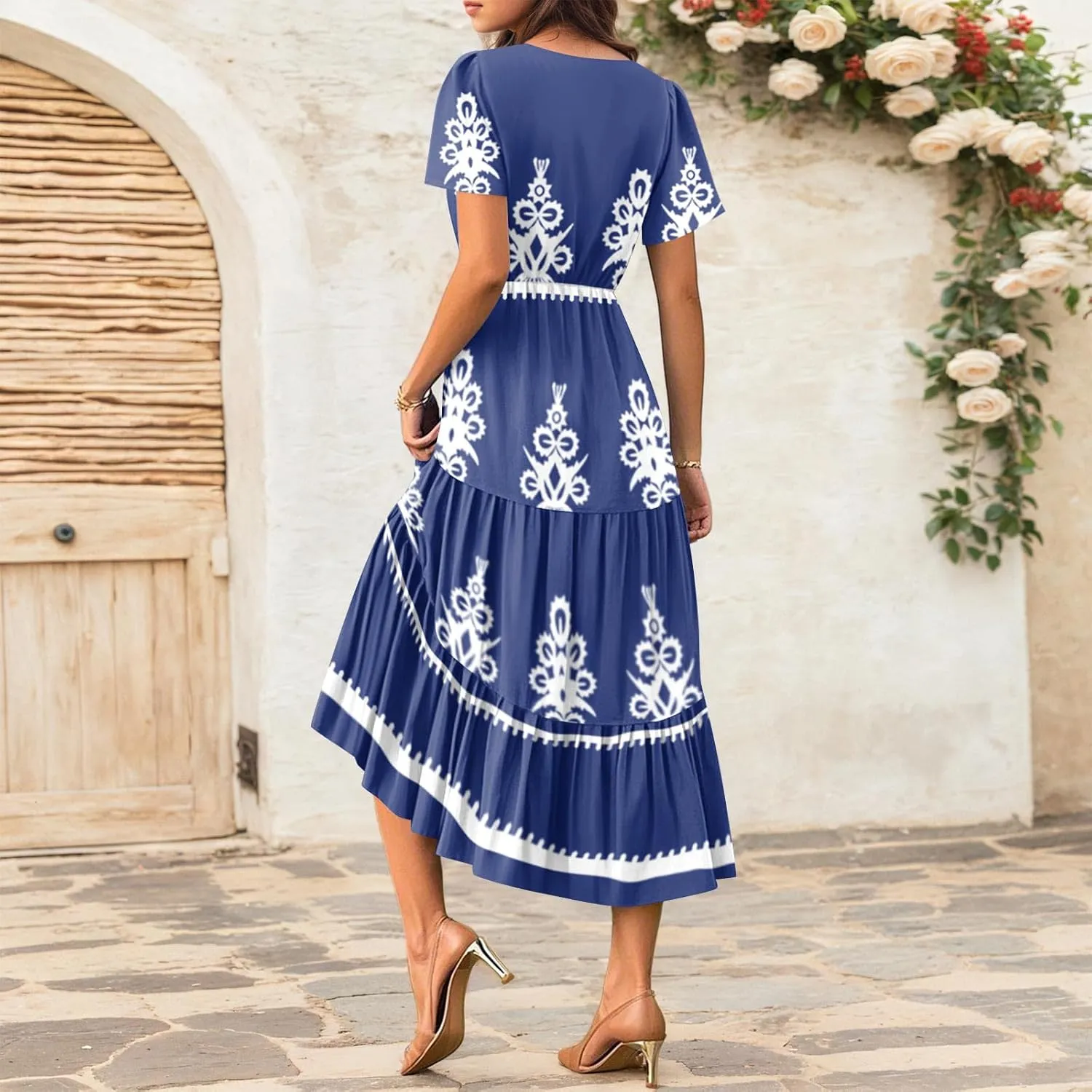 Summer Dresses for Women Boho Maxi Dresses Casual V Neck Short Sleeve A-line Empire Waist Long Flowy Beach Dress