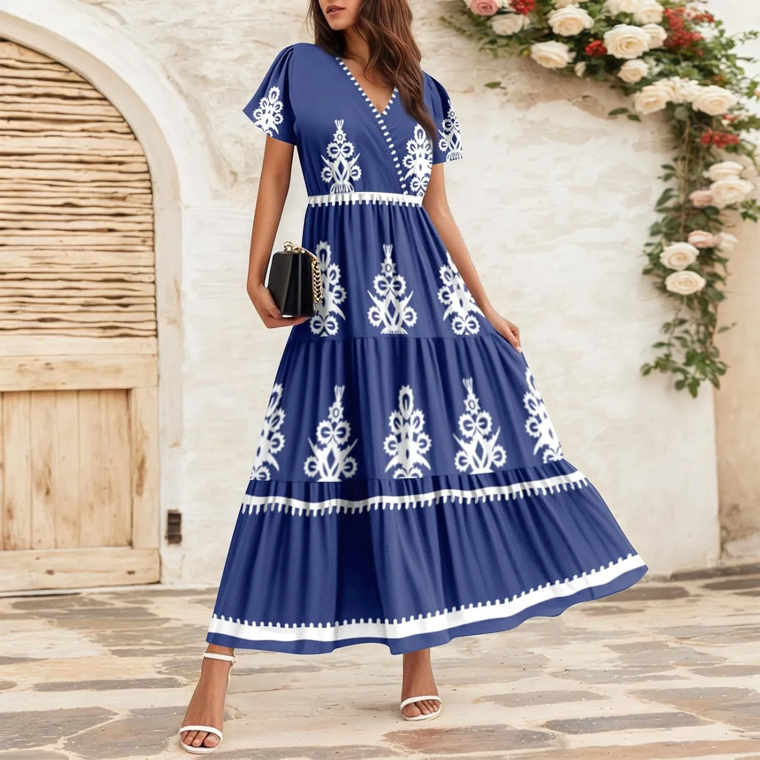 Summer Dresses for Women Boho Maxi Dresses Casual V Neck Short Sleeve A-line Empire Waist Long Flowy Beach Dress