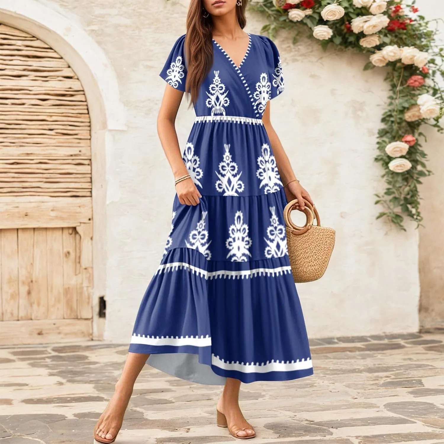 Summer Dresses for Women Boho Maxi Dresses Casual V Neck Short Sleeve A-line Empire Waist Long Flowy Beach Dress